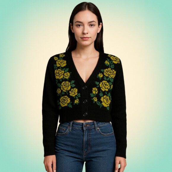 Forever 21 Sweaters - Grunge Floral Cropped Y2K Knit Cardigan Black Yellow Rose Forever 21 Small